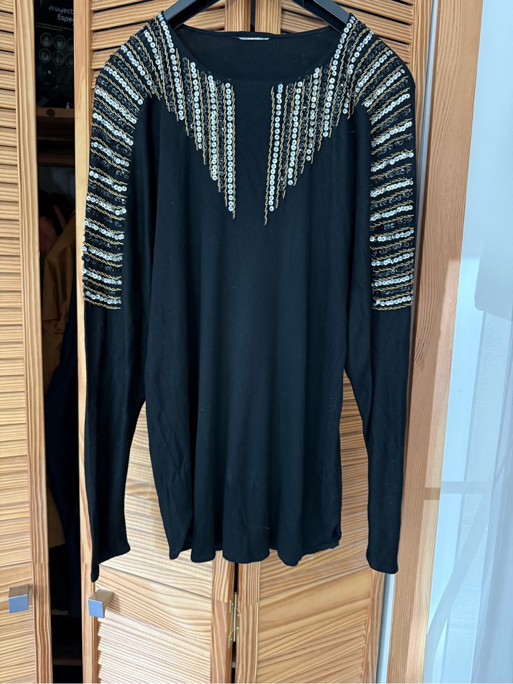Black Sequin-Embellished Long Sleeve Top